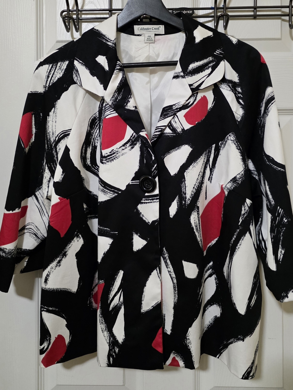 Coldwater Creek Black, White & Red Abstract Brushstroke Button-Front Top